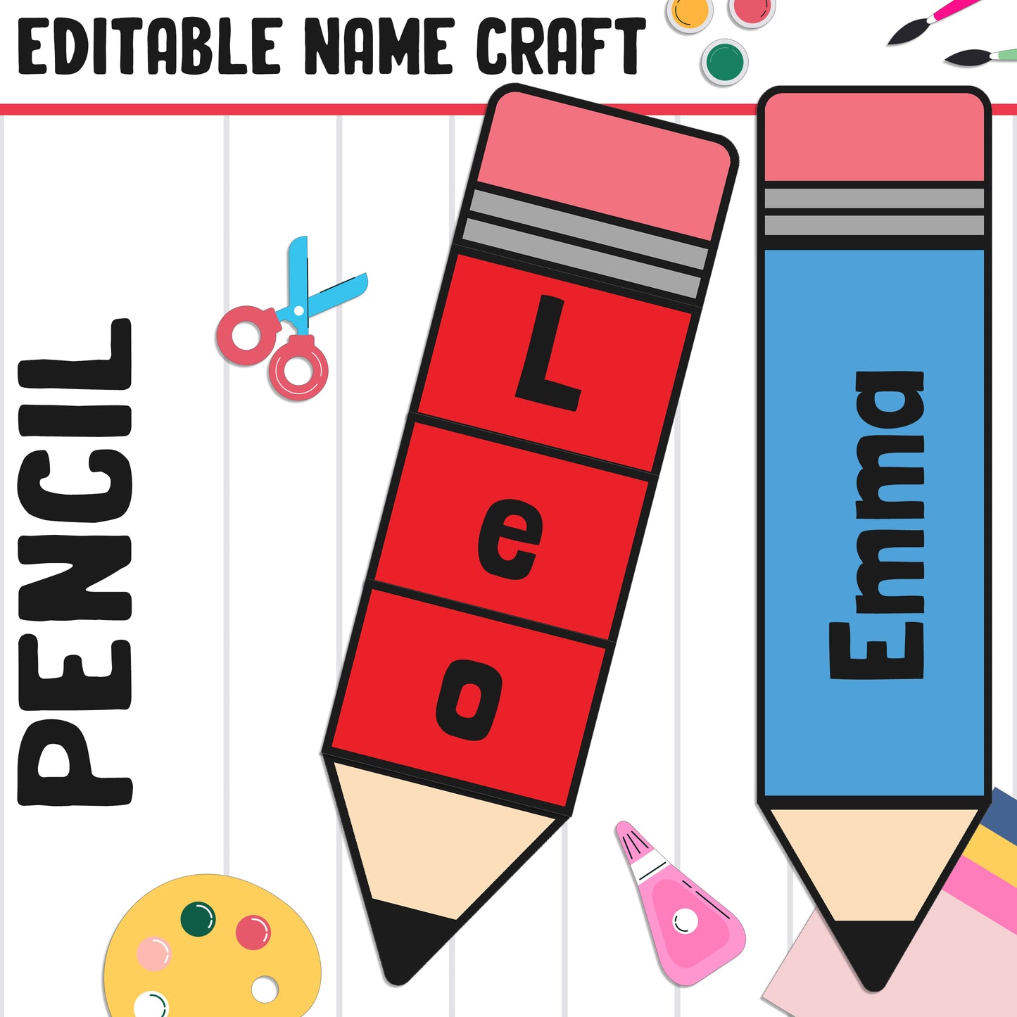 Pencil Name Craft Activity: Back to School Bulletin Board, 40 Pages, 2 Options, Blank & Editable, Color and Black-and-White Versions