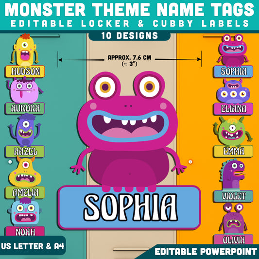 Monster Theme Student Name Tags, Fun Classroom Organization, Editable PowerPoint Template, Desk & Cubby Labels, 10 Designs, US Letter & A4