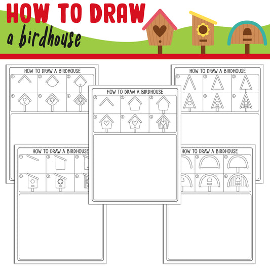 Learn How to Draw a Birdhouse: Directed Drawing Step by Step Tutorial, Includes 5 Coloring Pages, PDF File, Instant Download.