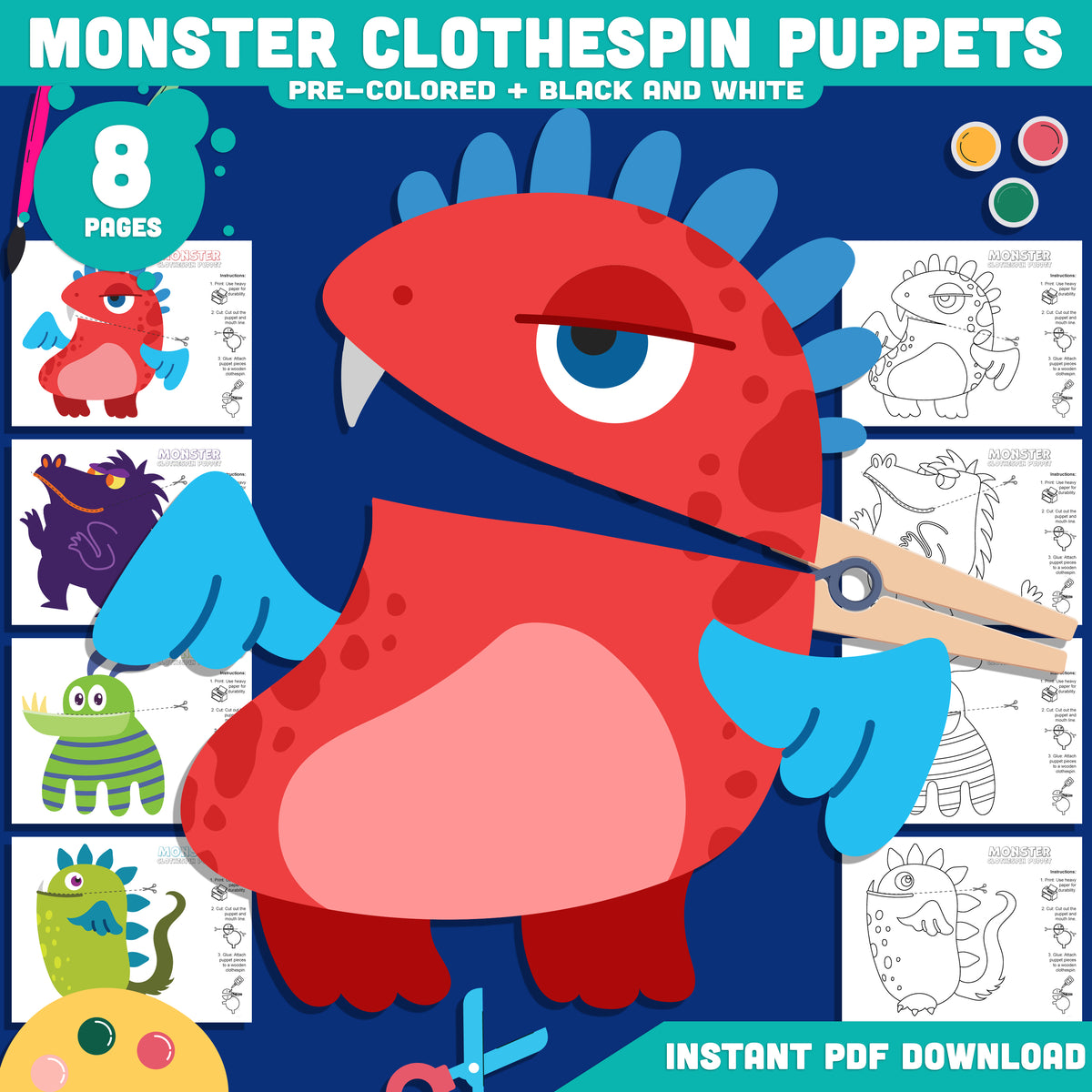 Halloween Monster Clothespin Puppets, Printable Craft for Kids
