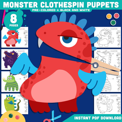 Halloween Monster Clothespin Puppets, Printable Craft for Kids