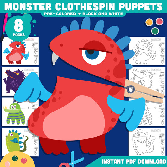 Halloween Monster Clothespin Puppets, Printable Craft for Kids