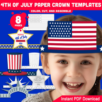 Independence Day Paper Crowns – 4 Printable USA-Themed Hat Designs for Kids in Color & Black & White, Fun Craft for July 4th, 8 Pages