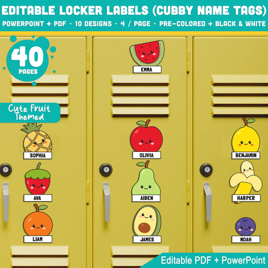 Editable Locker Labels (Cubby Name Tags), Cute Fruit Themed, 40 Pages, 10 Designs, 4 per Page, Pre-Colored + Black & White, PDF + PowerPoint, Instant Download