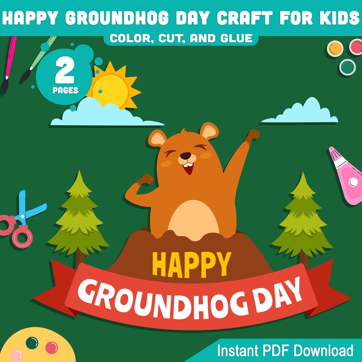 Happy Groundhog Day Craft for Kids Color Cut and Glue Activity, Simple Groundhog Day Bulletin Board Craft for Preschool Pre-K Kindergarten