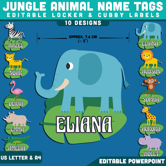 Jungle Animal Name Tags for Classroom, Safari Desk & Locker Decor, Editable PowerPoint, Student Cubby Labels, 10 Animal Designs