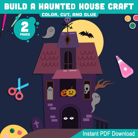 Halloween Build a Haunted House Craft, Printable Color, Cut and Glue Activity for Kids, Perfect for Fall Bulletin Boards, Pre-Colored + Black & White
