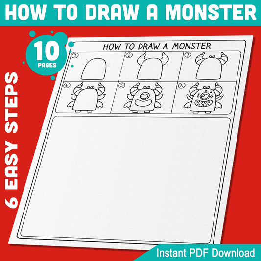 Monster Drawing and Coloring Guide for Halloween: 5 Step-by-Step Pages for Kids, Fun Creative Learning, Instant PDF Download