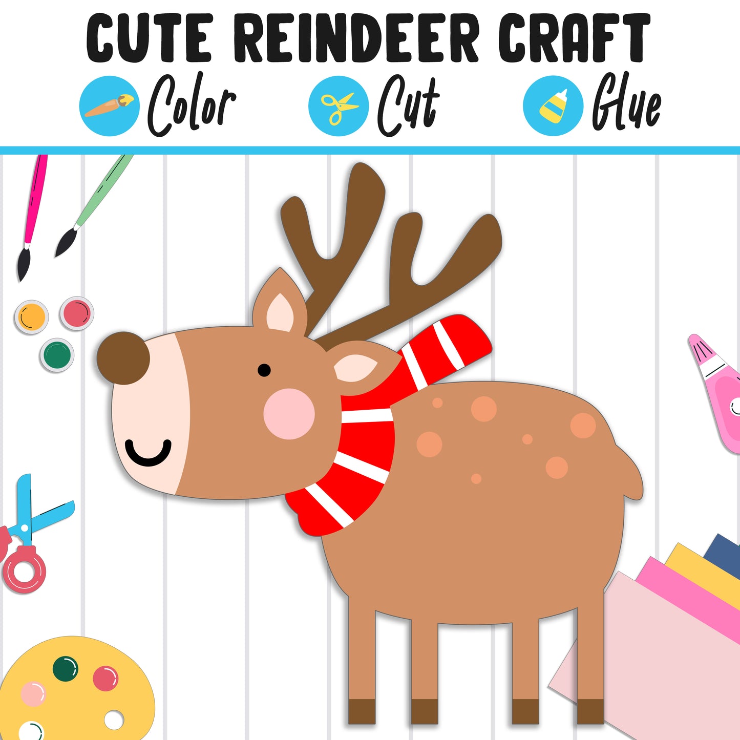 Easy Reindeer Craft: Fun Christmas Activity for Kids, Color, Cut, and Glue, Pre K to 2nd Grade, PDF Instant Download