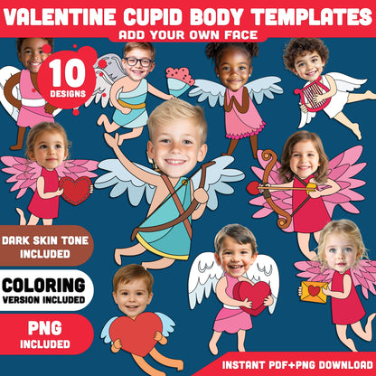 Valentine Cupid Body Templates – Add Your Own Face Crafts, Valentine Activities for Classroom & Home, Coloring Version, High-Res PDF PNG