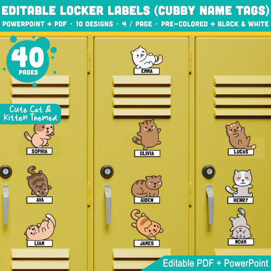 Editable Locker Labels (Cubby Name Tags), Cute Cat & Kitten Themed, 40 Pages, 4/Page, PDF + PowerPoint, Pre-Colored + Black & White, Back to School Craft