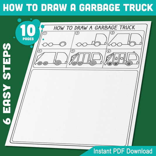 Garbage Truck Drawing for Kids: 5-Page Step-by-Step Guide with 5 Fun Coloring Pages, Creative Learning Activity, PDF Instant Download!