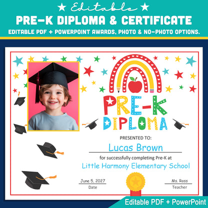 Editable Pre-K Graduation Diploma & Certificate Set, Printable Graduation Awards with Photo and No-Photo Options, Edit in PDF, PowerPoint, Canva