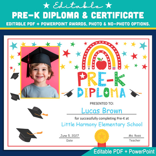 Editable Pre-K Graduation Diploma & Certificate Set, Printable Graduation Awards with Photo and No-Photo Options, Edit in PDF, PowerPoint, Canva