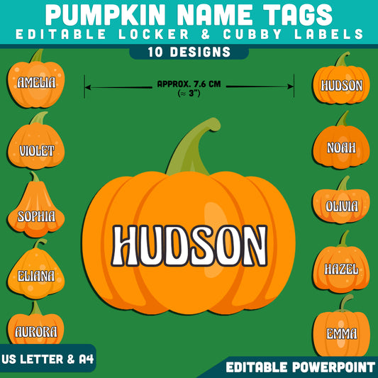 Pumpkin Name Tags, Editable Classroom Labels, Autumn Classroom Theme, Fall Student Decor for Desks, Lockers & Cubby, 10 Designs, US Letter & A4