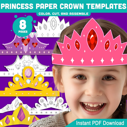 Princess Paper Crowns – 4 Printable Tiara and Royal Hat Designs for Kids, in Color and Black & White, Fun Headband Craft, 8 Pages