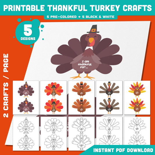 Printable Thankful Turkey Crafts – 5 Adorable Designs (Pre-Colored + Black & White), Color, Cut & Decorate Thanksgiving Activity for Kids, Fun Fall & Autumn Craft, PDF File