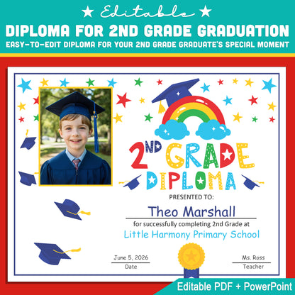 Customizable Second Grade Diploma Template with Photo: Editable PDF & PowerPoint, Perfect for Graduation and Milestone Celebrations