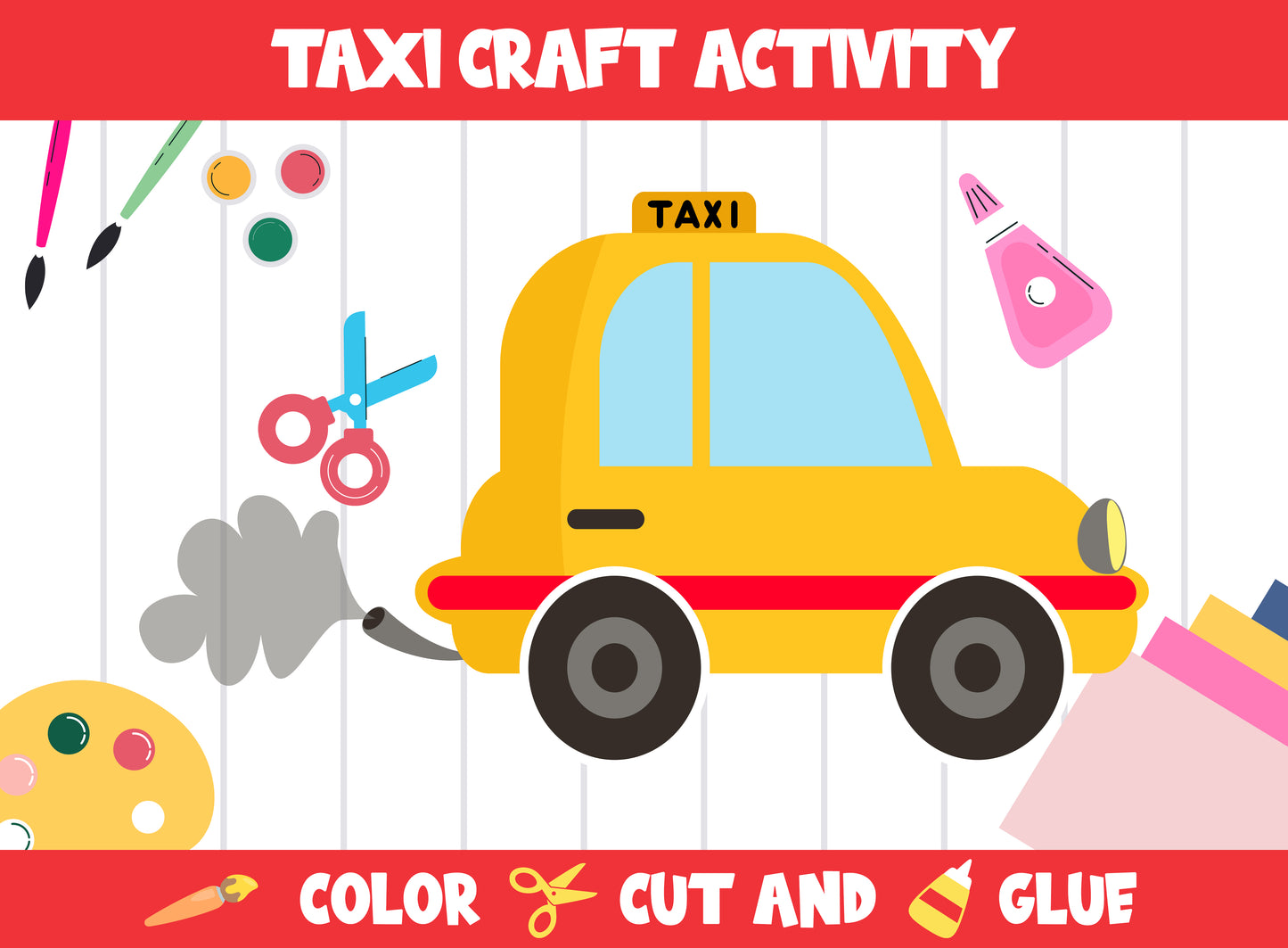 Cute Vehicle Craft Activity - Taxi : Color, Cut, and Glue for PreK to 2nd Grade, PDF File, Instant Download
