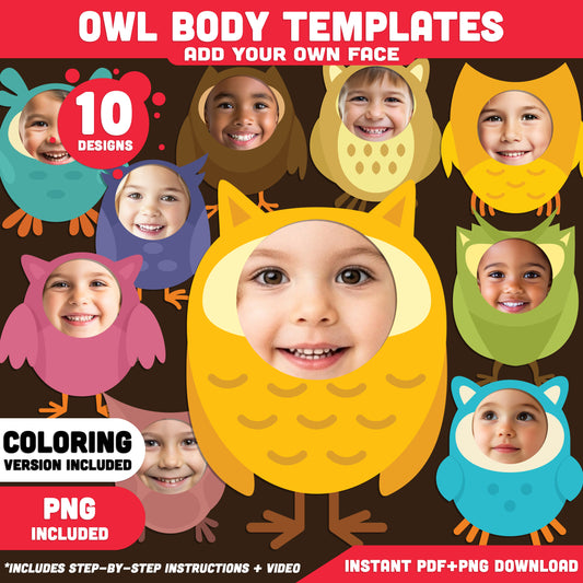 Owl Body Templates, Add Your Own Face Printable Craft, Personalized Owl Characters, 10 Printable Designs, PNG, US Letter, A4 PDF