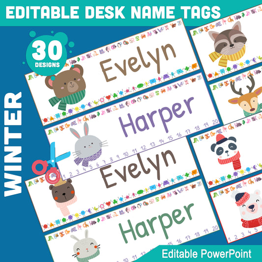 Customizable Winter Desk Labels for Students: 30 Animal-Themed Designs, 8.5"x11" Sheets, 2 Tags per Page, 10"x3.25", Includes Alphabet, Shapes, Nos. 1-20