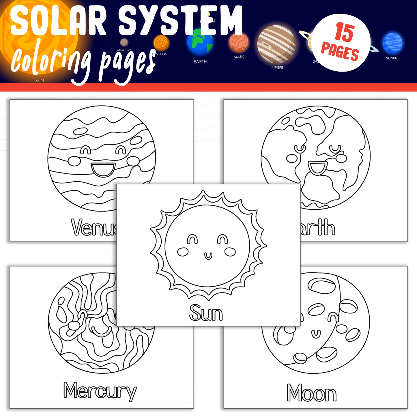 Solar System Coloring Pages: Color, Draw, and Name the Planets in the Solar System - 15 High-Resolution Pages, Instant PDF Download