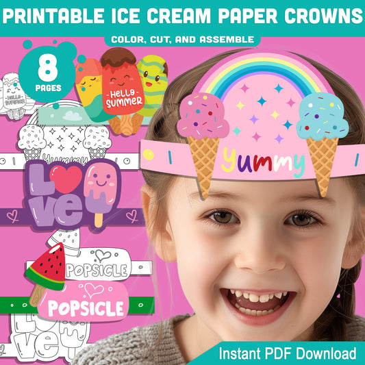 Ice Cream Crown Headbands & Hats for Summer Fun – Printable Kids Activity, 4 Cute Designs, Pre-Colored + Black & White, 8 Pages PDF