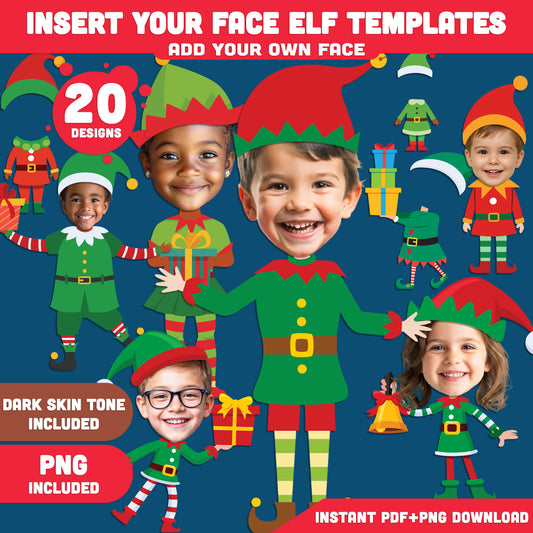 Insert Your Face Elf Templates – Add Your Own Face Christmas Project, 20 Designs Light + Dark Skin Tone, Classroom & Home PDF + PNG Craft Set for Kids