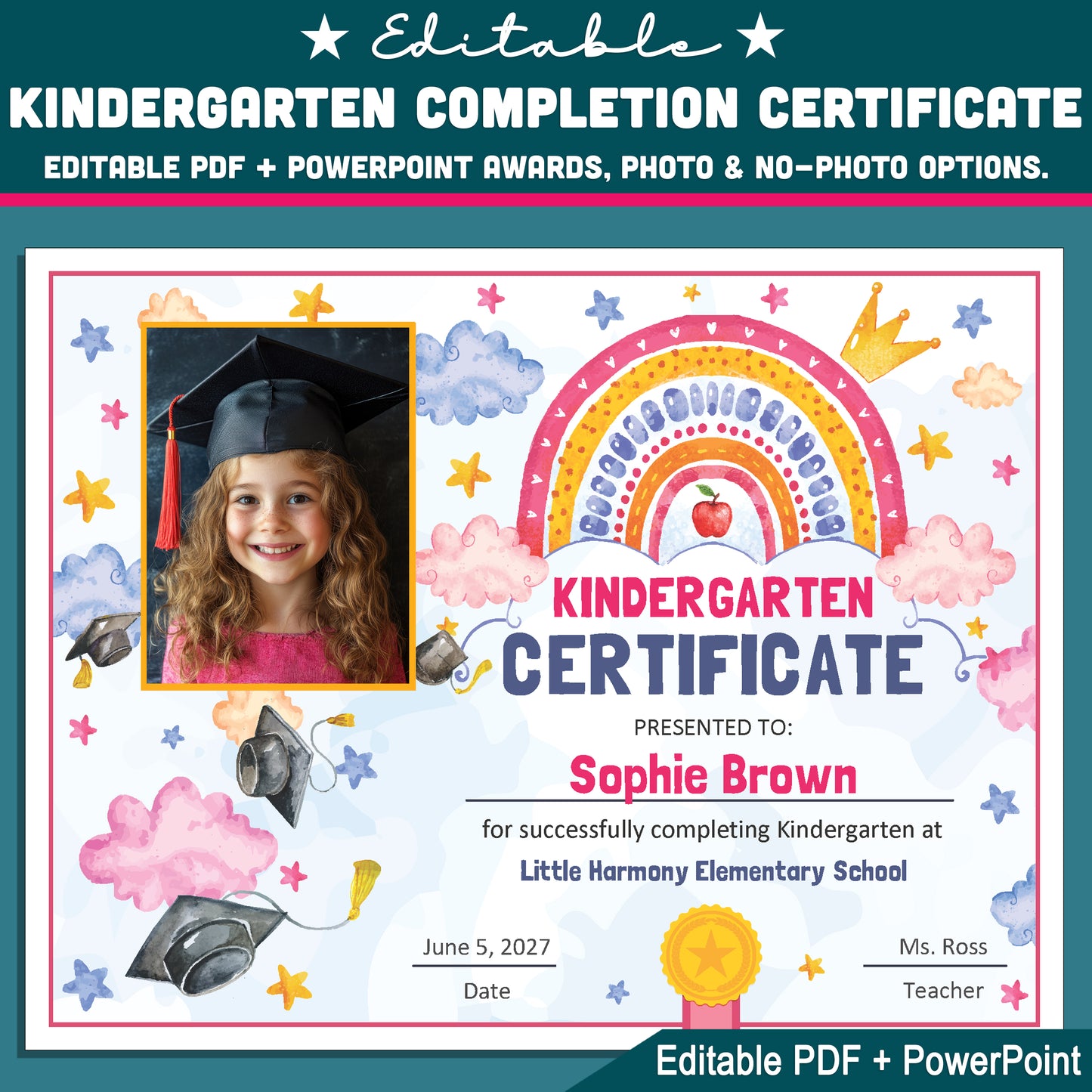 Kindergarten Completion Certificate, Editable Watercolor Awards for Moving Up Ceremony, Photo and No Photo Styles, PDF and PowerPoint Templates