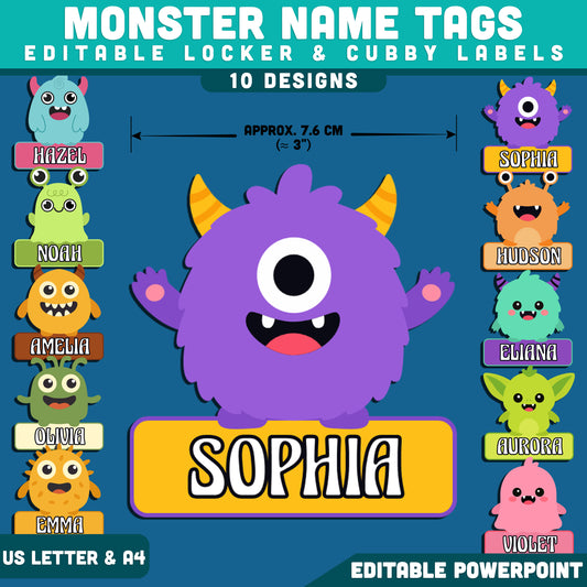 Monster Classroom Name Tags, Fun Student Desk & Locker Decor, Editable PowerPoint, Cubby Labels, 10 Designs, US Letter & A4