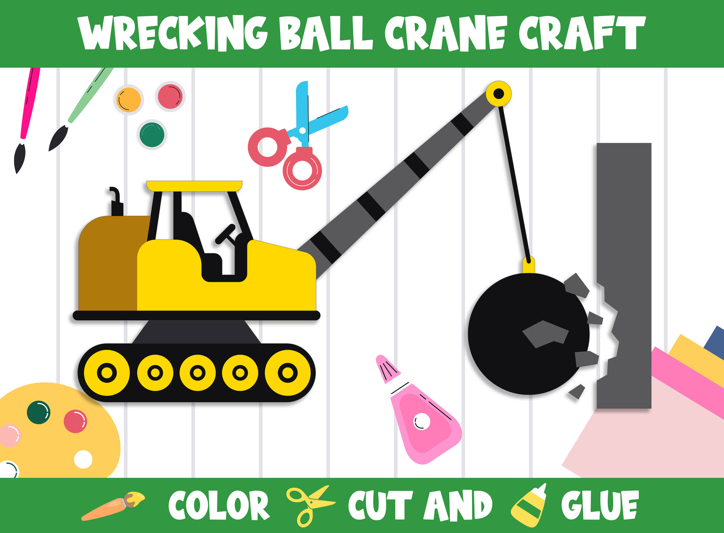 Yellow Wrecking Ball Crane Craft Activity - Color, Cut, and Glue for PreK to 2nd Grade, PDF File, Instant Download