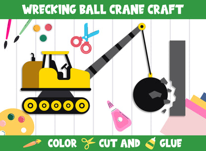 Yellow Wrecking Ball Crane Craft Activity - Color, Cut, and Glue for PreK to 2nd Grade, PDF File, Instant Download