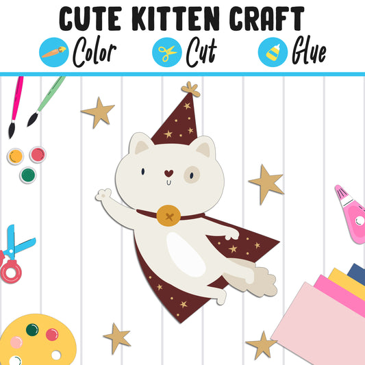 Cute Magic Kitten Craft for Kids: Color, Cut, and Glue, a Fun Activity for Pre K to 2nd Grade, PDF Instant Download