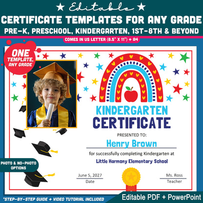 Editable Graduation Certificate Templates for Any Grade, Photo and No-Photo Awards, PDF and PowerPoint, Pre-K to 8th & Beyond
