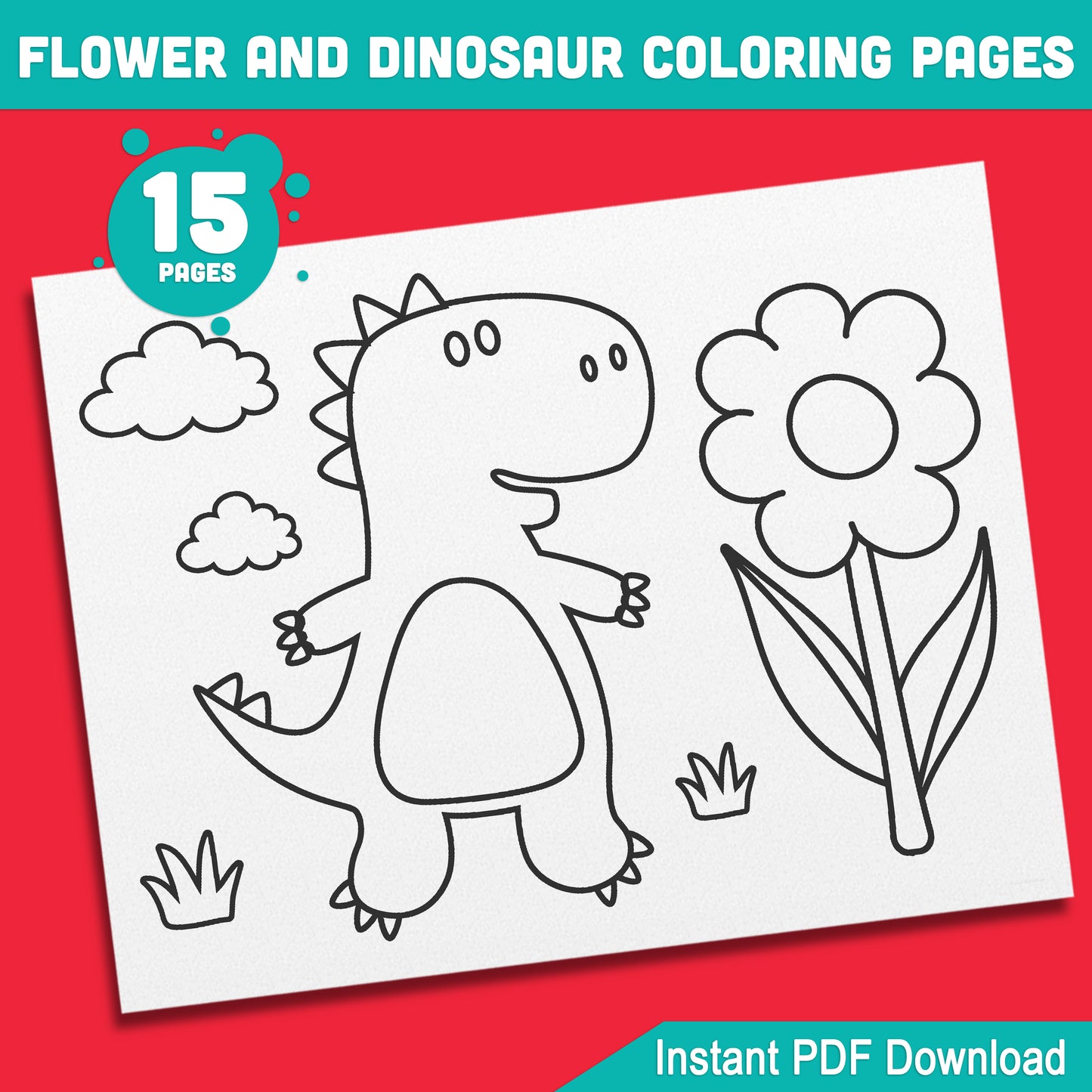 Coloring Pages with Dinosaurs and Flowers: 15 Delightful Designs for Early Learners, Perfect for Preschool & Kindergarten, Instant PDF Download