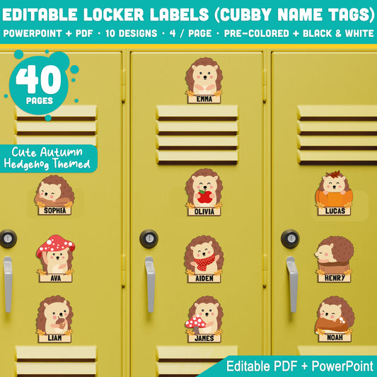 Editable Locker Labels (Cubby Name Tags), Autumn Hedgehog Themed, 40 Pages, Pre-Colored + Black & White, PDF + PowerPoint, Instant Download, Back to School Craft