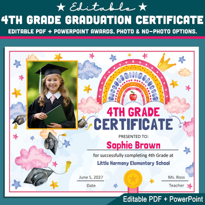 4th Grade Completion Certificate, Fourth Grade Graduation End of School Year Awards, Editable Rainbow Stars, Photo and No Photo, PDF and PowerPoint