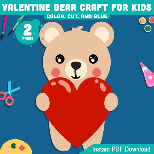 Valentine Bear Craft for Kids Color Cut and Glue Activity with Pre-Colored and Black & White Pages for Preschool Pre-K Kindergarten