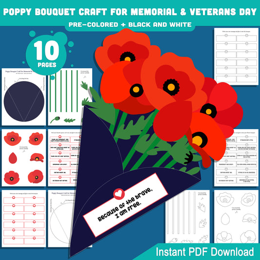 Printable Poppy Flower Bouquet for Kids – Veterans Day & Memorial Day Craft, Includes 10 Pages with Pre-Colored and B&W Versions, PDF Download