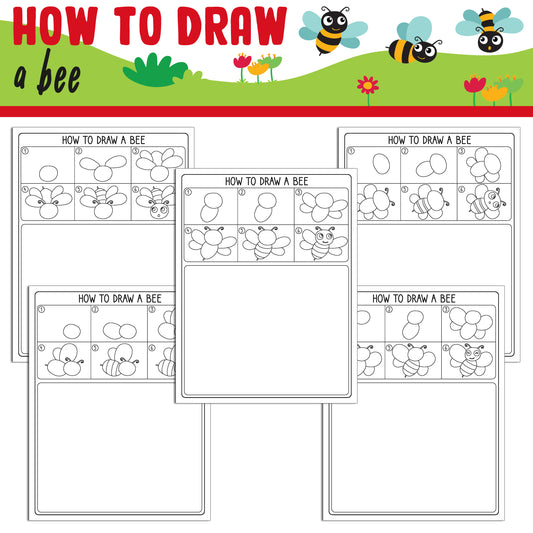 Learn How to Draw a Bee Easy: Directed Drawing Step by Step Tutorial, Includes 5 Coloring Pages, PDF File, Instant Download.
