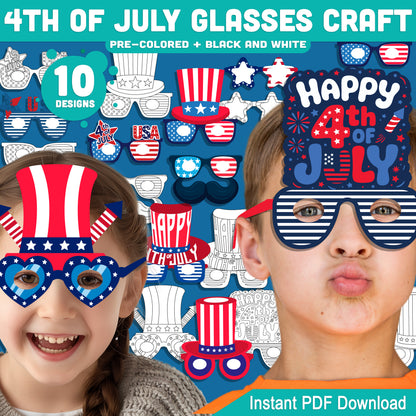 Printable 4th of July Glasses Craft, Independence Day Wearable Craft, Patriotic Kids Activity, Easy Summer Party Printable