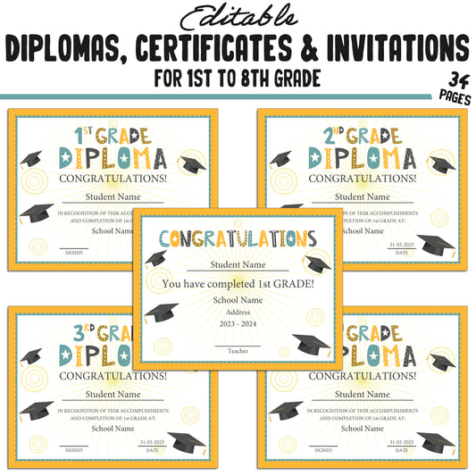 34 Editable First Grade Diplomas, 1st-8th Grade Certificates, Diplomas & Invitation Templates, Golden and Green-Themed, PDF