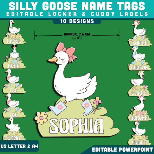 Silly Goose Classroom Name Tags, Funny Student Desk Decor, Editable PowerPoint Template, Farm Animal Locker & Cubby Labels