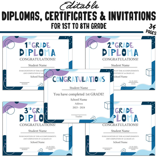 Printable 3rd Grade Diplomas, Editable Certificates for 1st-8th Grades & Invitation Templates in a Modern Design, 34 Pages, Instant Download