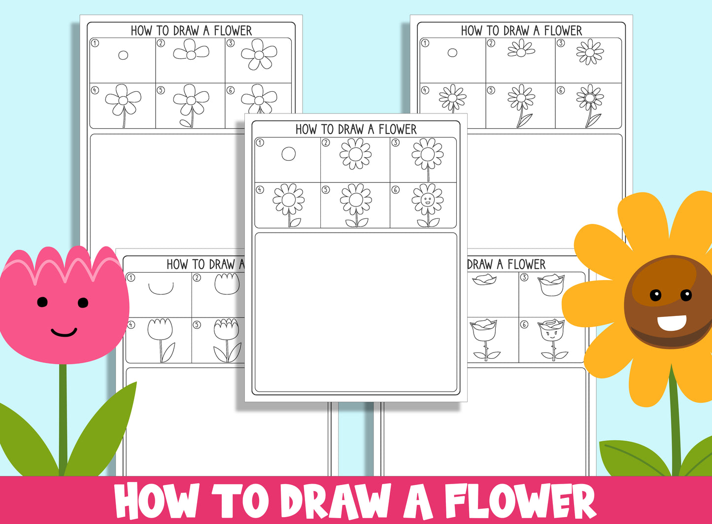 Learn How to Draw a Flower, Directed Drawing Step by Step Tutorial, Includes 5 Coloring Pages, PDF File, Instant Download