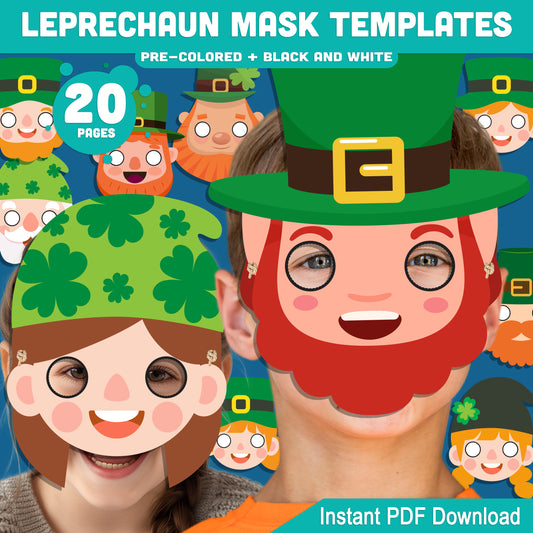 Leprechaun Mask Templates for St. Patrick’s Day, Printable Craft for Classroom and Home, Pre-Colored and Black and White Versions
