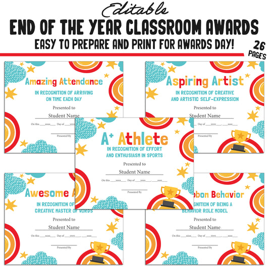 Editable, Fun, Unique End-of-Year Class Awards for Students, 26 Pages, PDF, Instant Download – Perfect for Classroom & Student Achievements