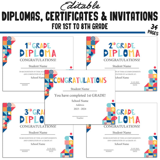 Printable 6th Grade Diplomas, Editable Certificates for 1st-8th Grades, Invitation Templates in Colorful Design, 34 Pages, Instant Download