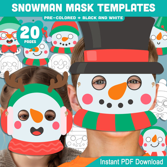 Printable Snowman Mask Templates: 10 Fun Holiday Paper Craft Designs for Kids, 20 Pages (10 Pre-Colored + 10 Black and White), Perfect for Classroom or Home