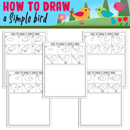 How to Draw a Simple Bird for Kids, Directed Drawing Step by Step Tutorial, Includes 5 Coloring Pages, PDF File, Instant Download